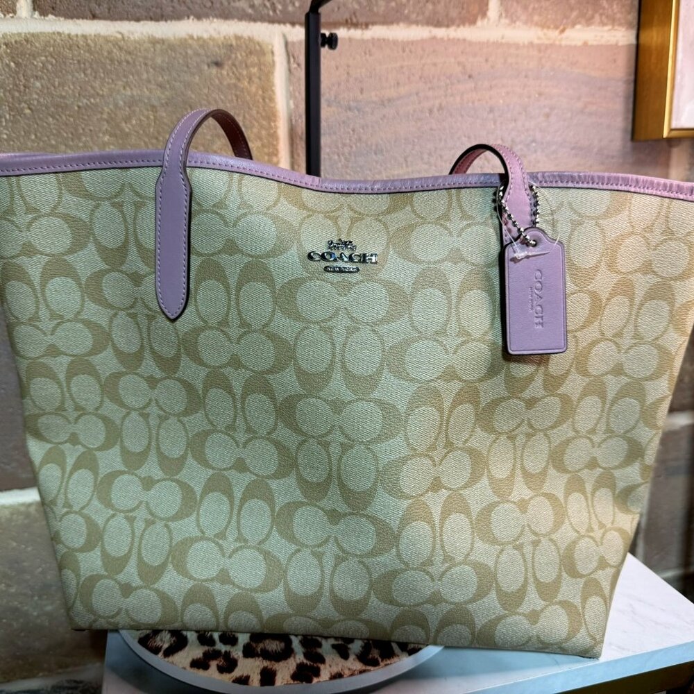 Coach Signature Canvas Tote with Lavender Trim